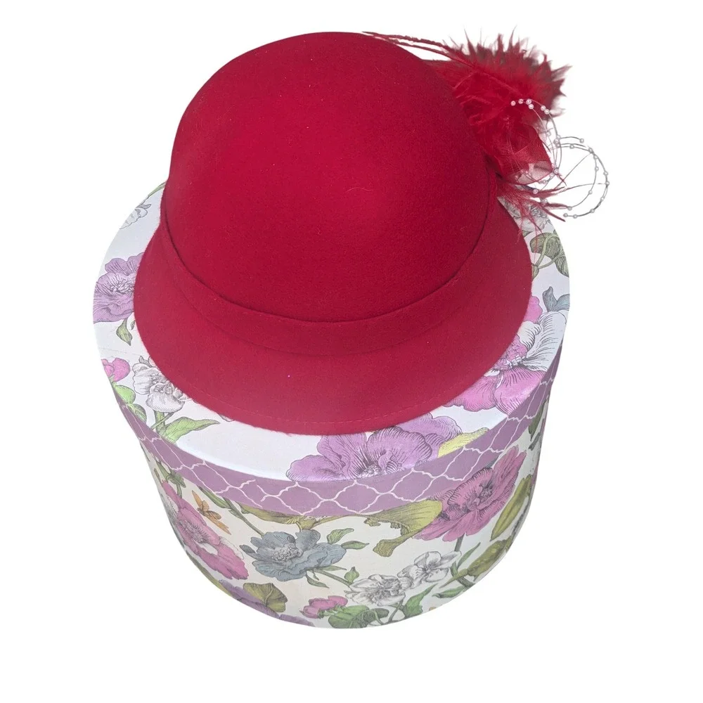 Vintage Style Red Wool Cloche Hat with Feather and Buckle Detail - One Size